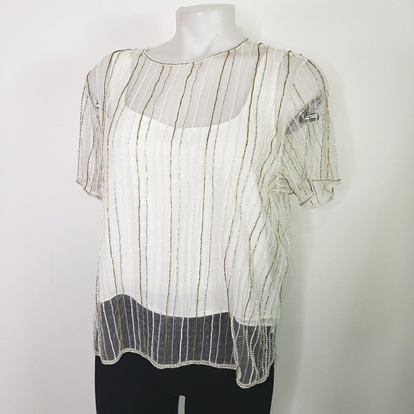 Vintage White sheer and beaded mesh top under lining gold silver medium - Picture 1 of 6